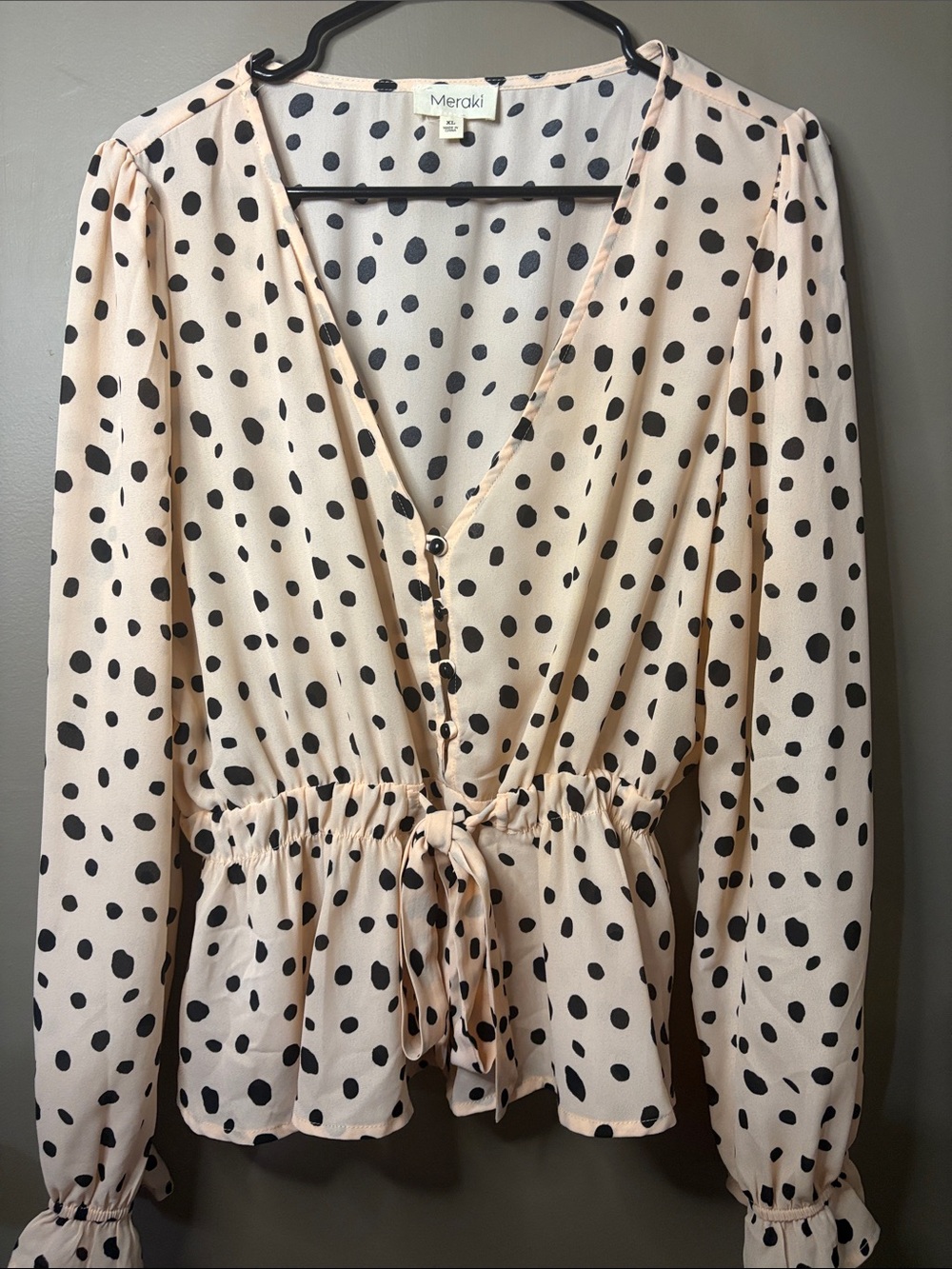 meraki Blush Polka Dot V-Neck Tie-Waist Blouse
